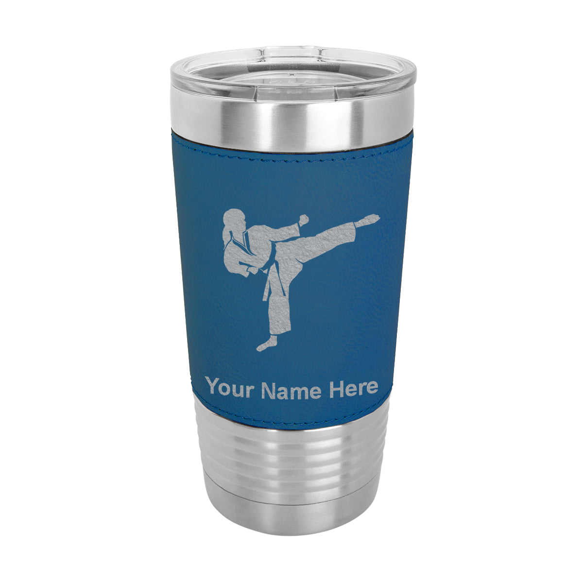 20oz Faux Leather Tumbler Mug, Karate Woman, Personalized Engraving Included - LaserGram Custom Engraved Gifts