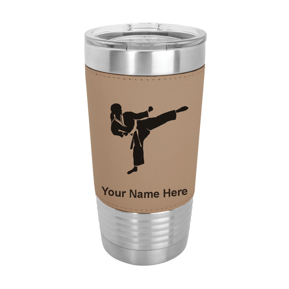 20oz Faux Leather Tumbler Mug, Karate Woman, Personalized Engraving Included - LaserGram Custom Engraved Gifts