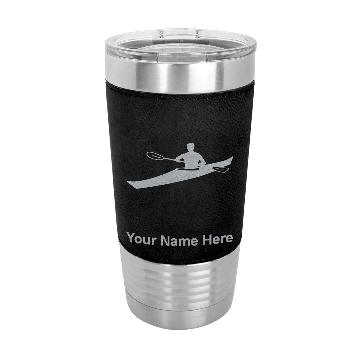 20oz Faux Leather Tumbler Mug, Kayak Man, Personalized Engraving Included - LaserGram Custom Engraved Gifts