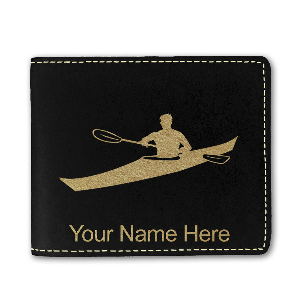 Faux Leather Bi-Fold Wallet, Kayak Man, Personalized Engraving Included