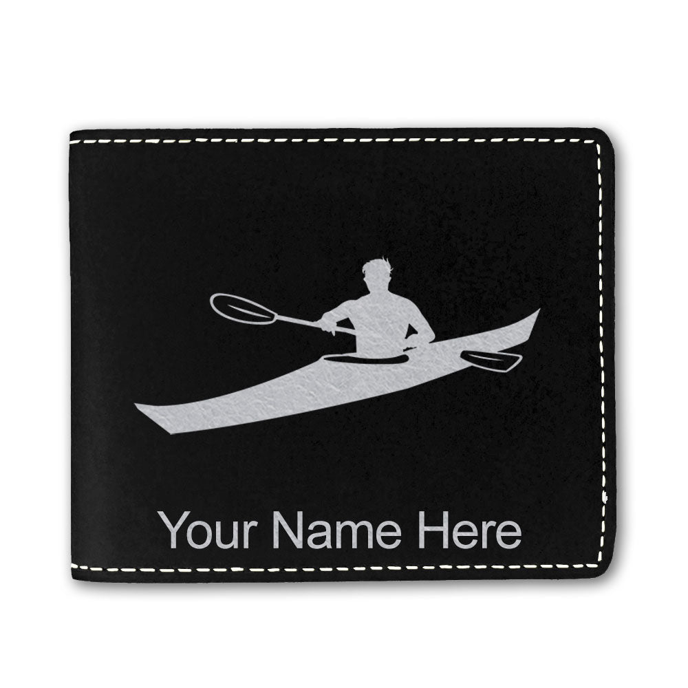 Faux Leather Bi-Fold Wallet, Kayak Man, Personalized Engraving Included