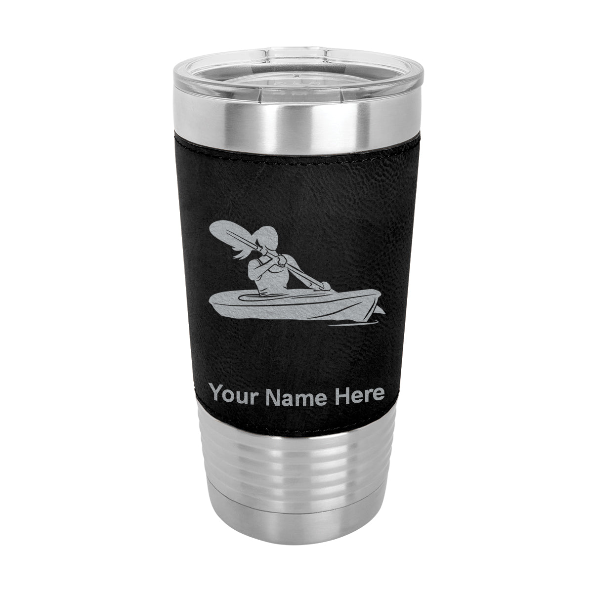 20oz Faux Leather Tumbler Mug, Kayak Woman, Personalized Engraving Included - LaserGram Custom Engraved Gifts