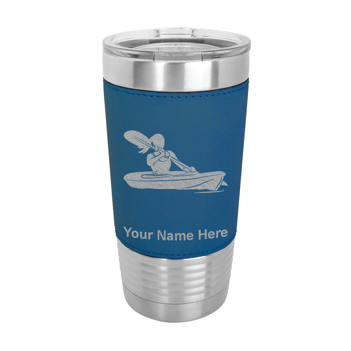 20oz Faux Leather Tumbler Mug, Kayak Woman, Personalized Engraving Included - LaserGram Custom Engraved Gifts