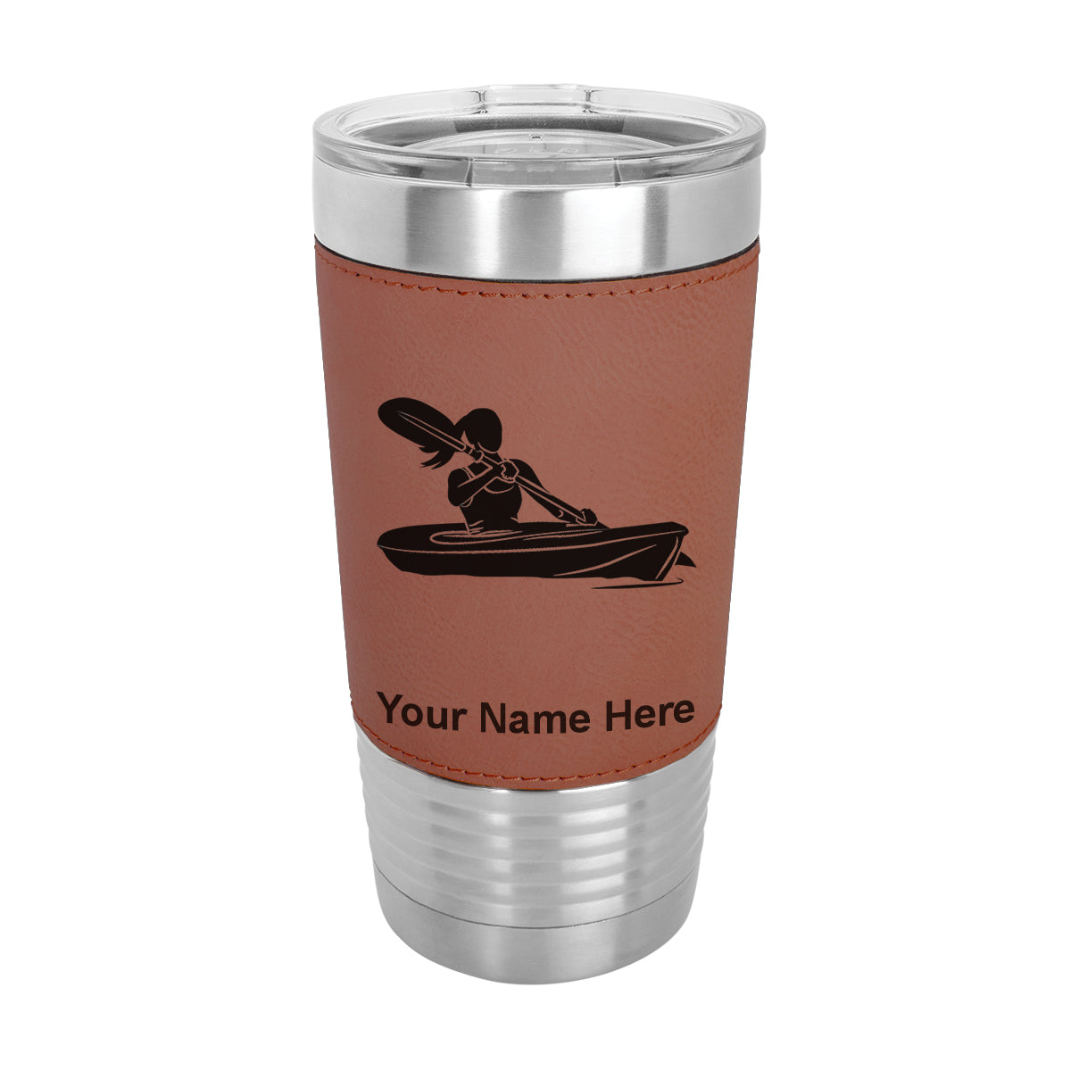 20oz Faux Leather Tumbler Mug, Kayak Woman, Personalized Engraving Included - LaserGram Custom Engraved Gifts