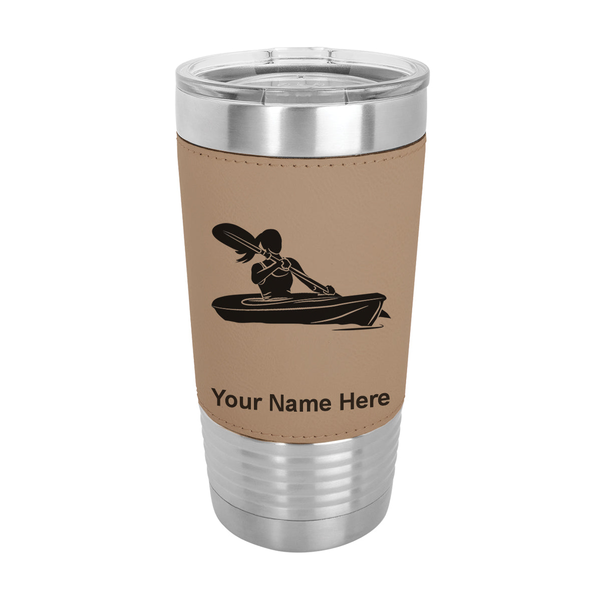 20oz Faux Leather Tumbler Mug, Kayak Woman, Personalized Engraving Included - LaserGram Custom Engraved Gifts