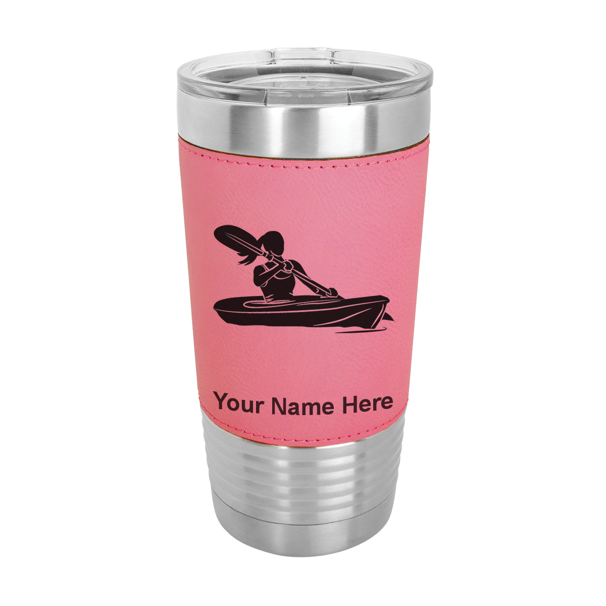 20oz Faux Leather Tumbler Mug, Kayak Woman, Personalized Engraving Included - LaserGram Custom Engraved Gifts