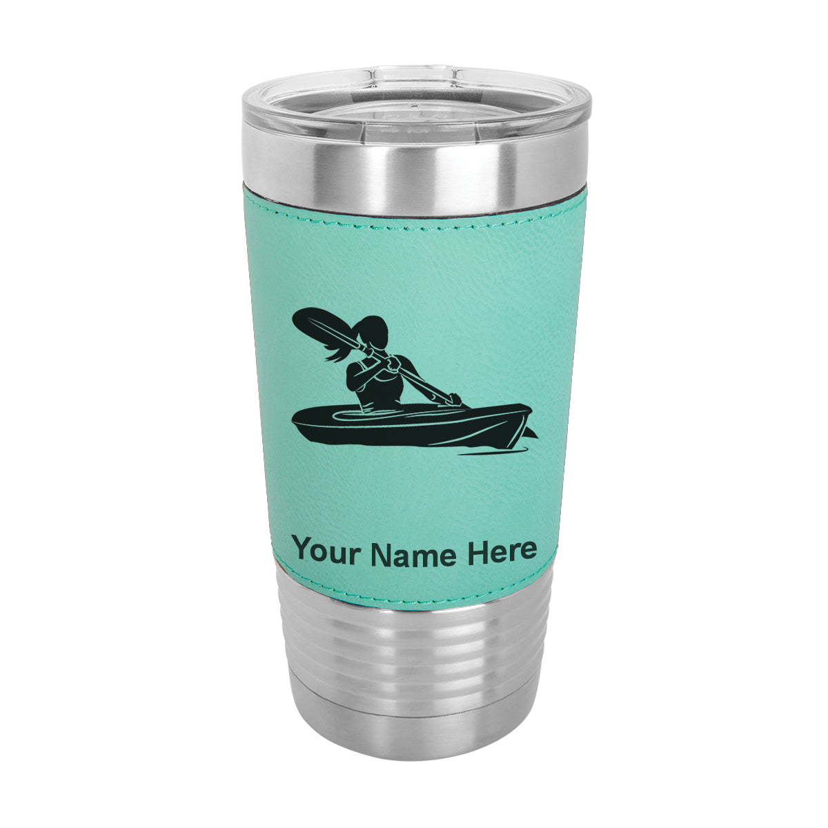 20oz Faux Leather Tumbler Mug, Kayak Woman, Personalized Engraving Included - LaserGram Custom Engraved Gifts