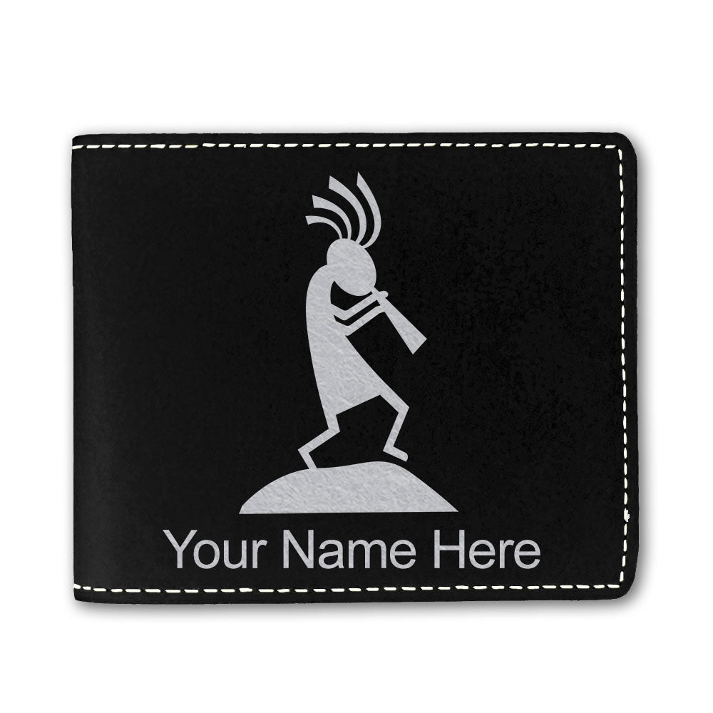 Faux Leather Bi-Fold Wallet, Kokopelli, Personalized Engraving Included