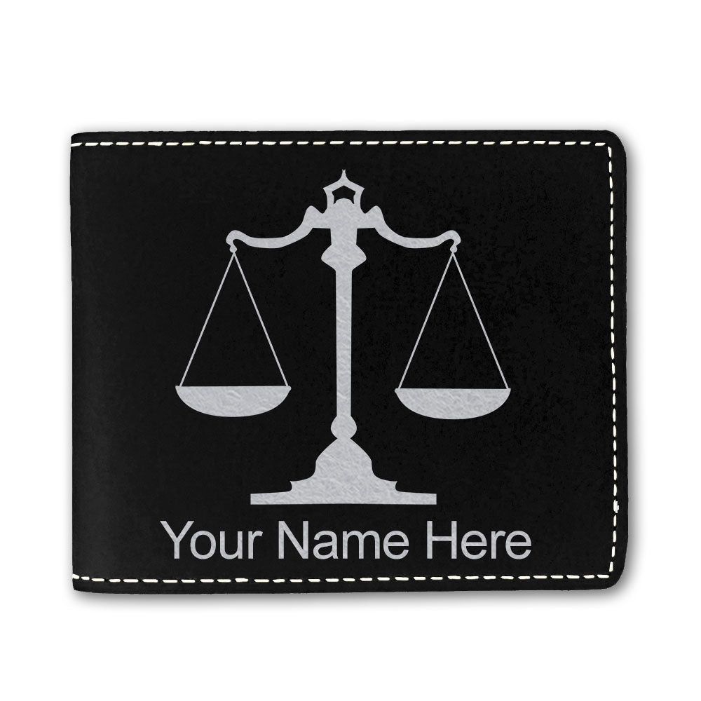 Faux Leather Bi-Fold Wallet, Law Scale, Personalized Engraving Included