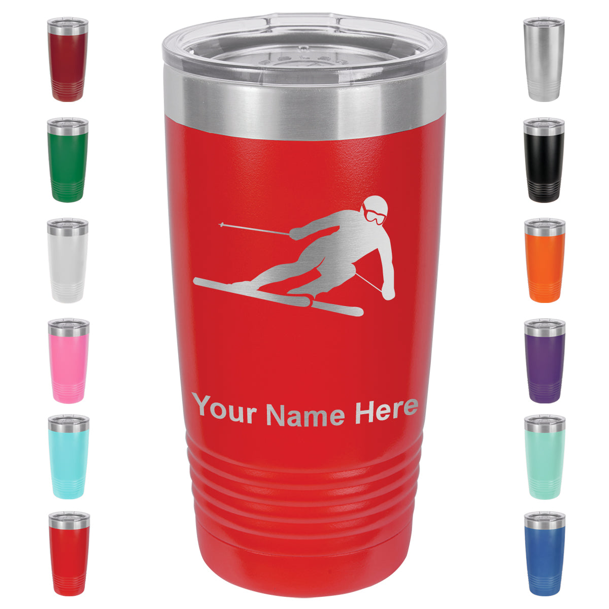20oz Vacuum Insulated Tumbler Mug, Skier Downhill, Personalized Engraving Included