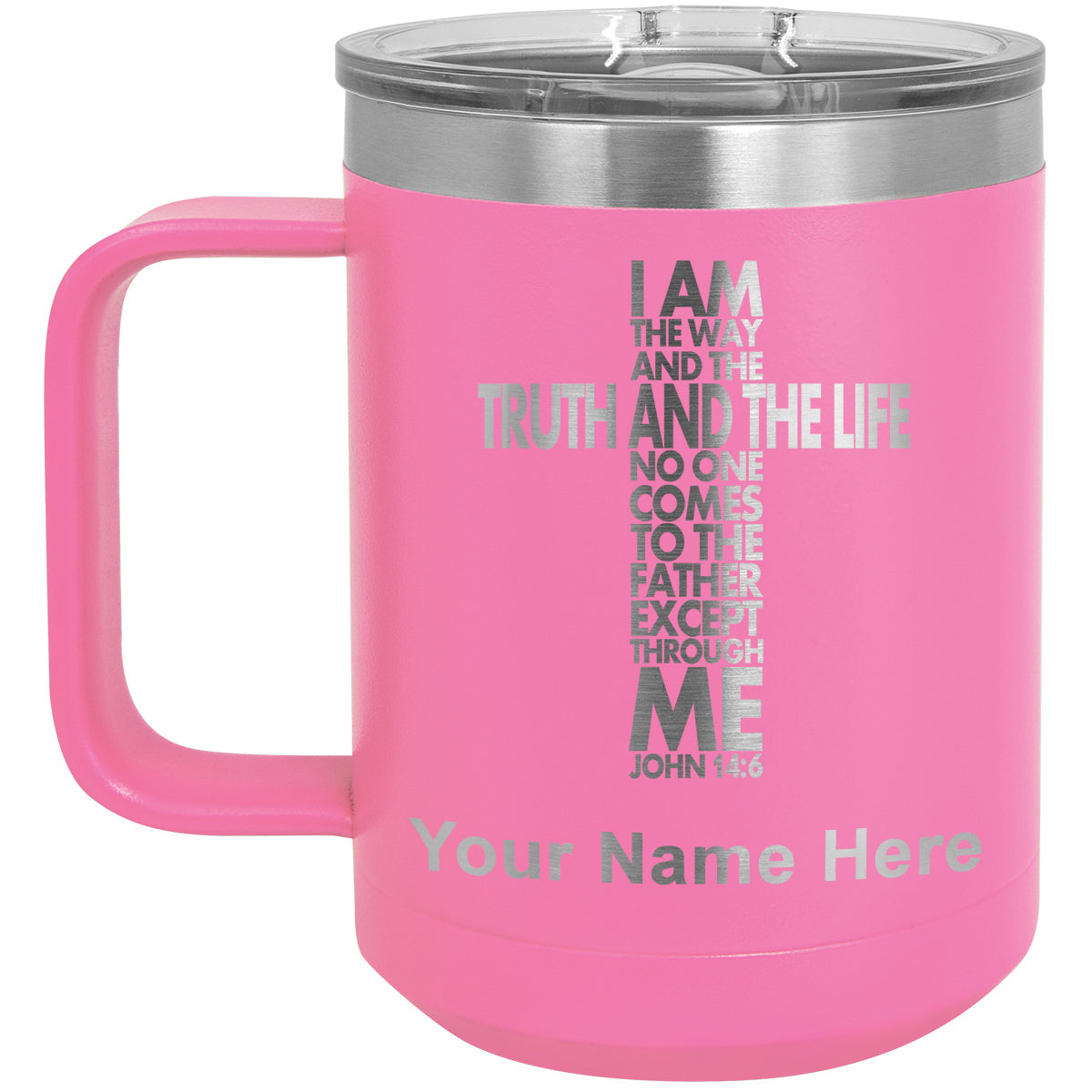 15oz Vacuum Insulated Coffee Mug, Bible Verse John 14-6, Personalized Engraving Included