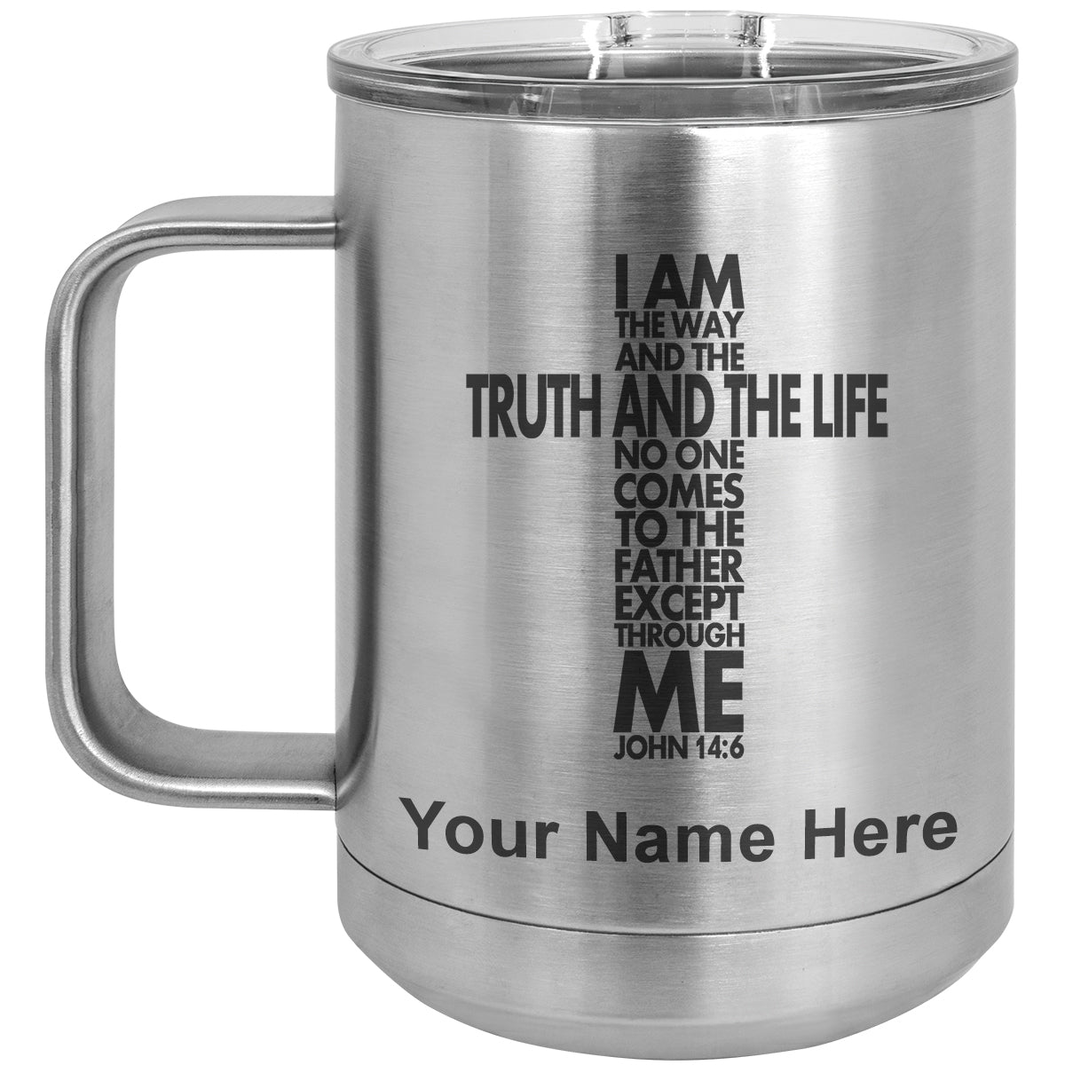 15oz Vacuum Insulated Coffee Mug, Bible Verse John 14-6, Personalized Engraving Included