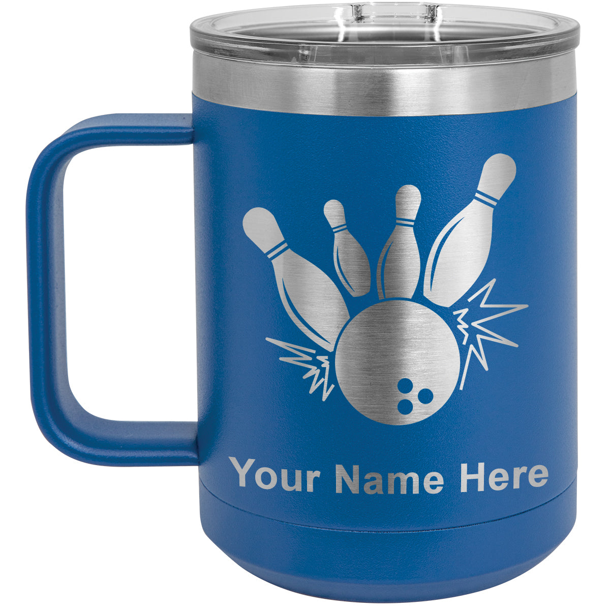 15oz Vacuum Insulated Coffee Mug, Bowling Ball and Pins, Personalized Engraving Included