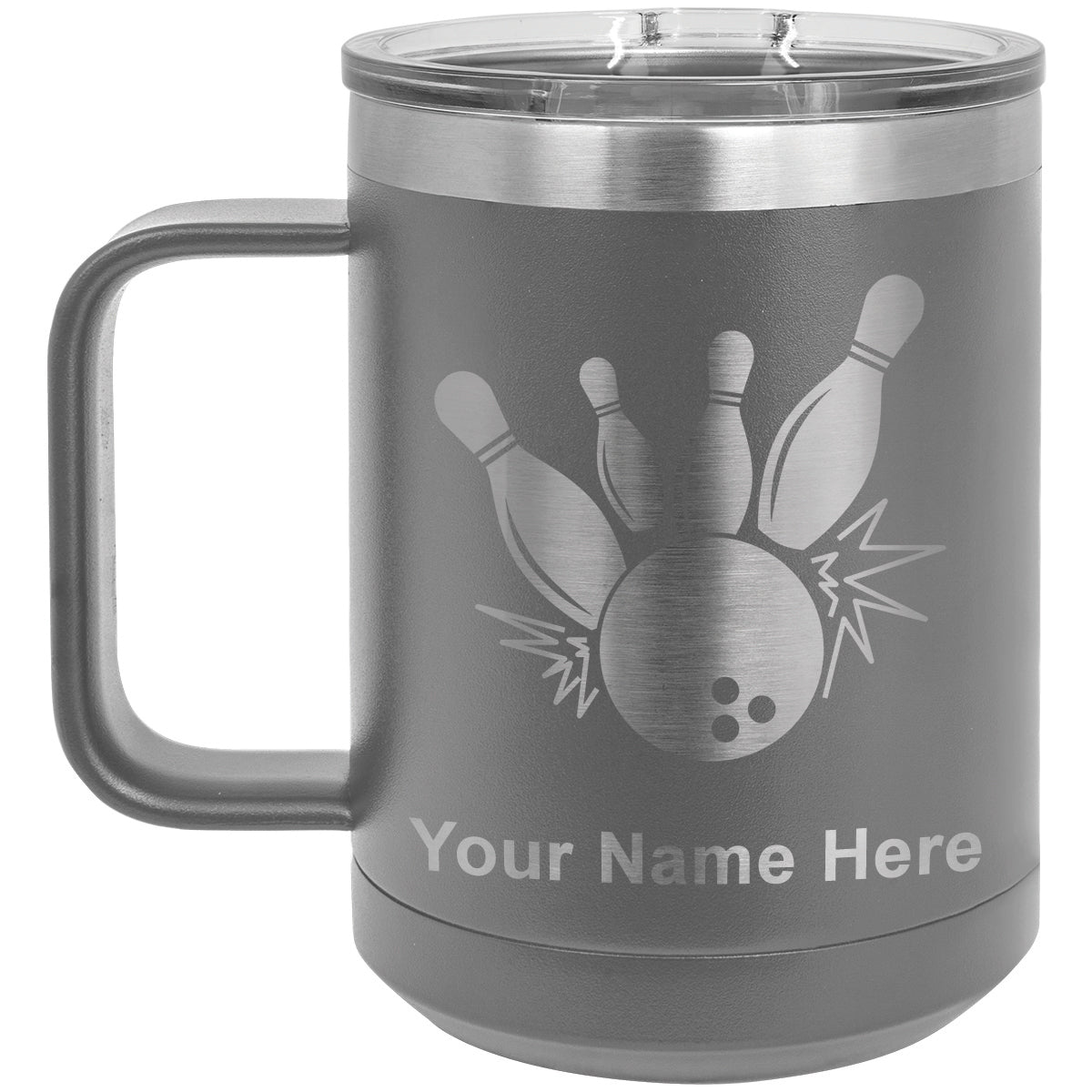 15oz Vacuum Insulated Coffee Mug, Bowling Ball and Pins, Personalized Engraving Included