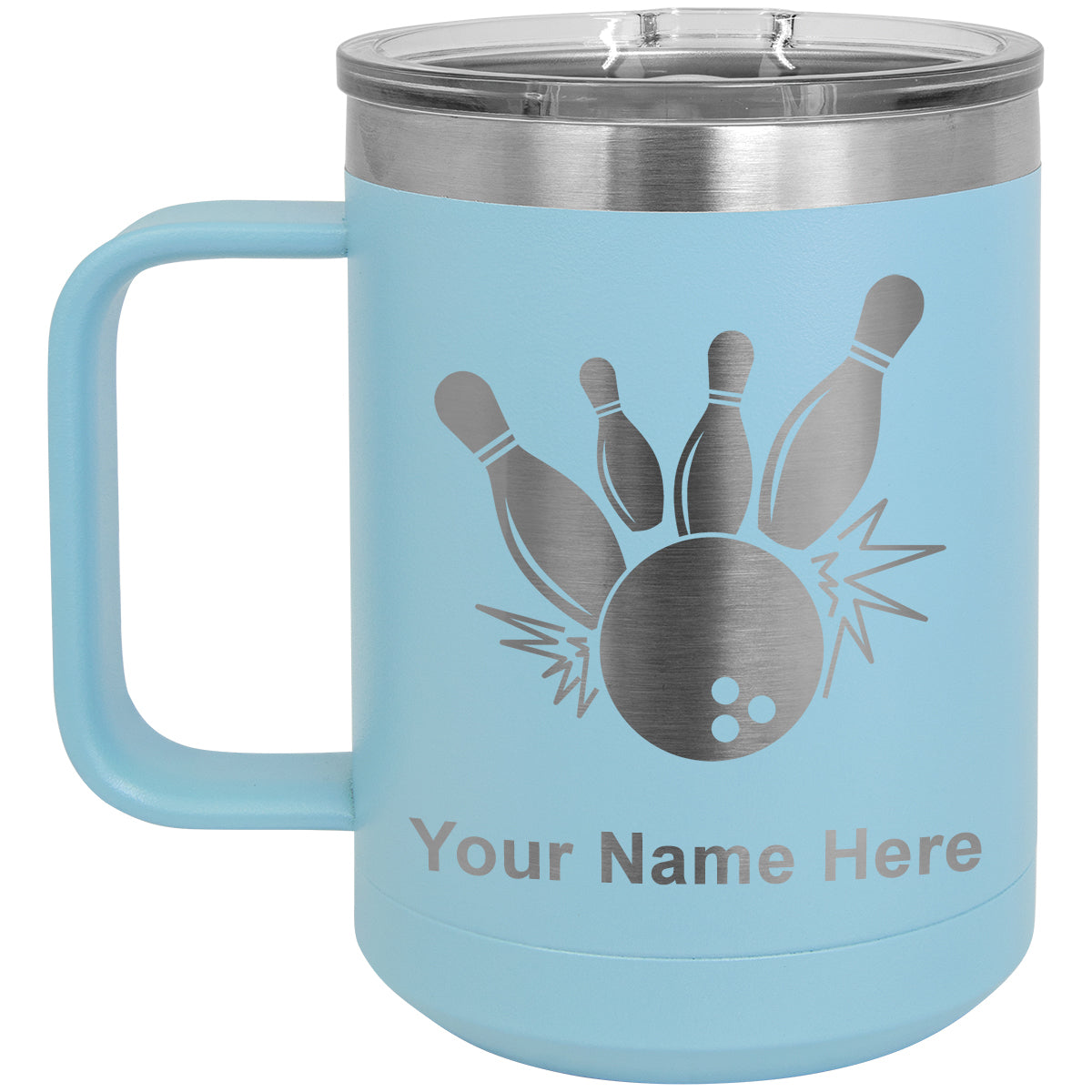 15oz Vacuum Insulated Coffee Mug, Bowling Ball and Pins, Personalized Engraving Included