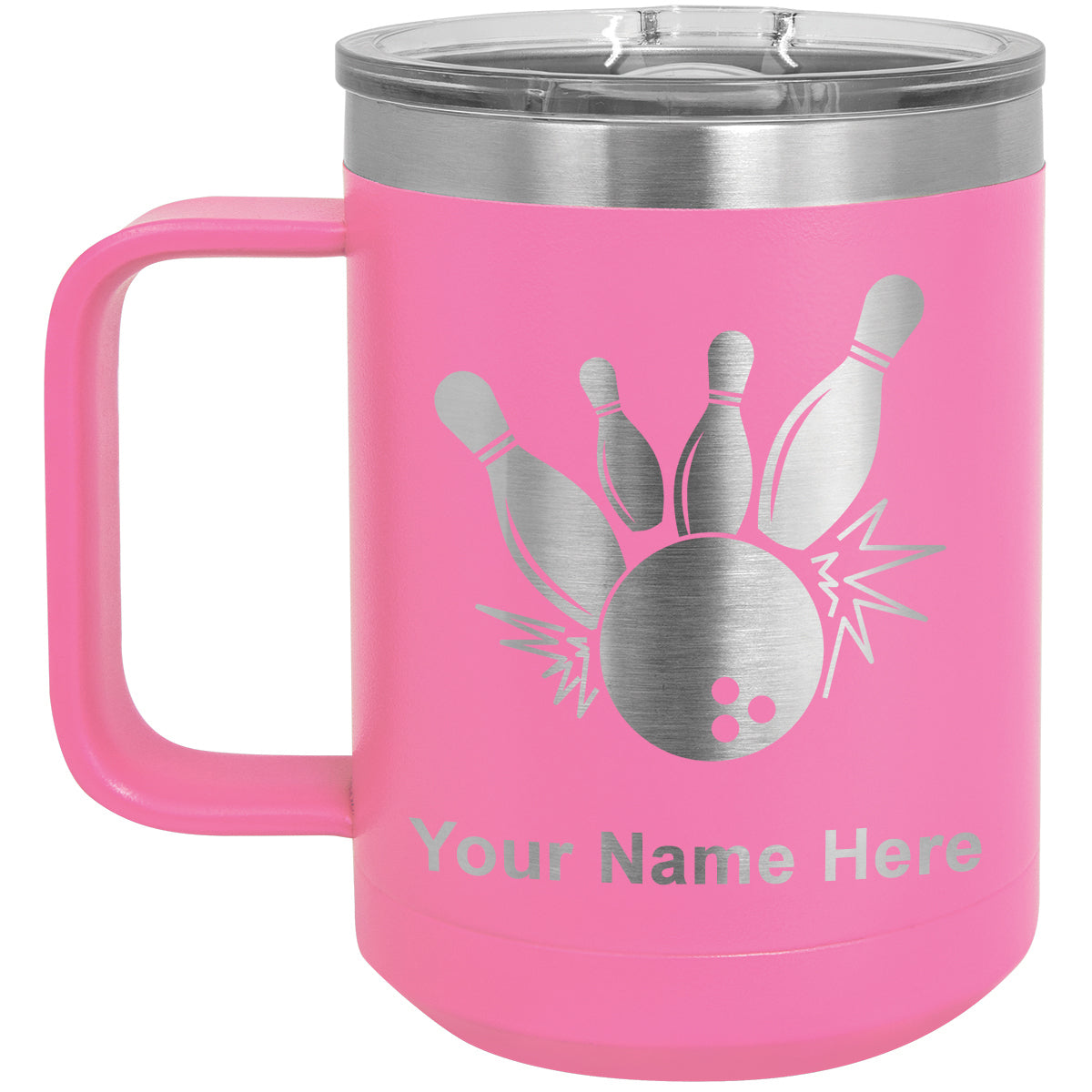 15oz Vacuum Insulated Coffee Mug, Bowling Ball and Pins, Personalized Engraving Included