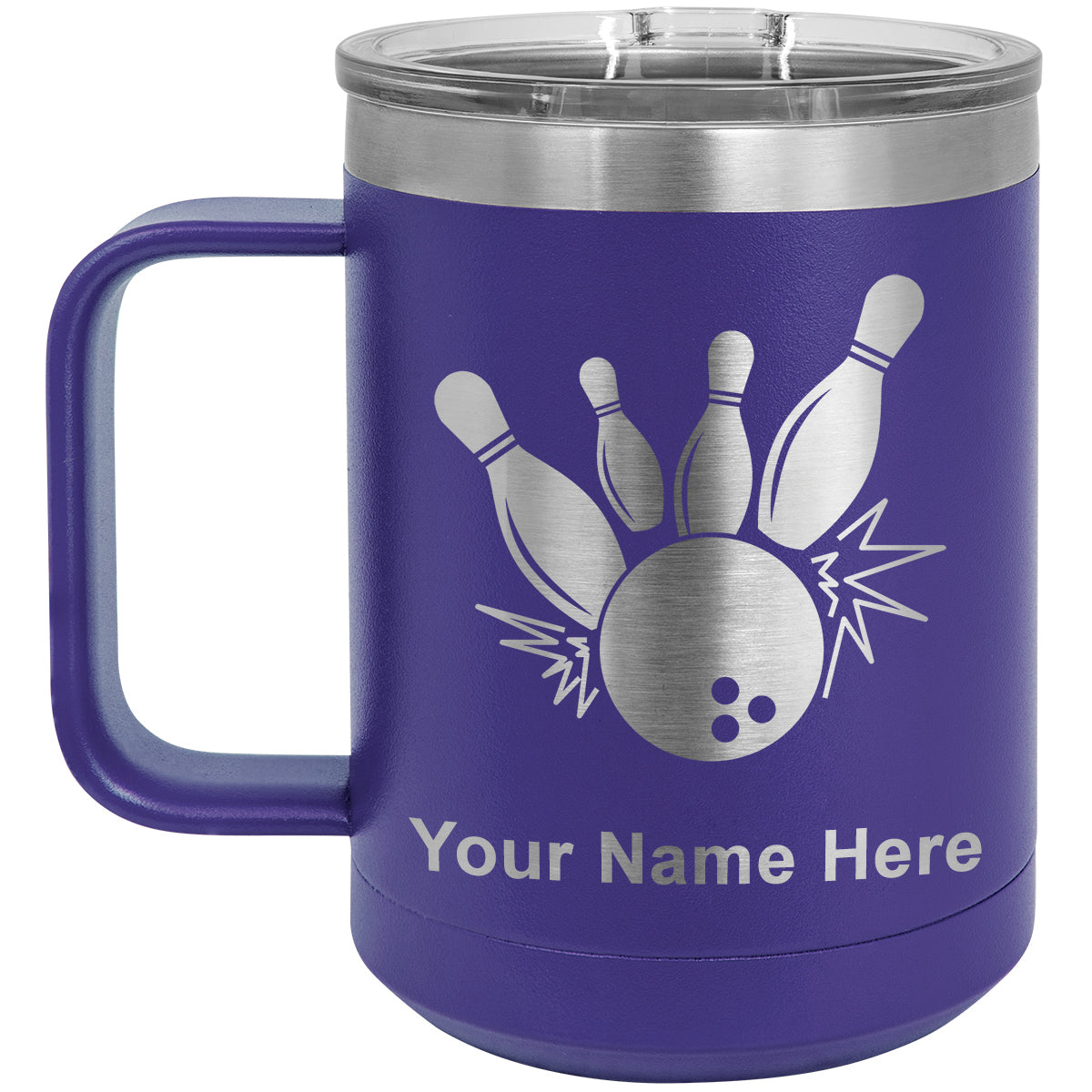 15oz Vacuum Insulated Coffee Mug, Bowling Ball and Pins, Personalized Engraving Included