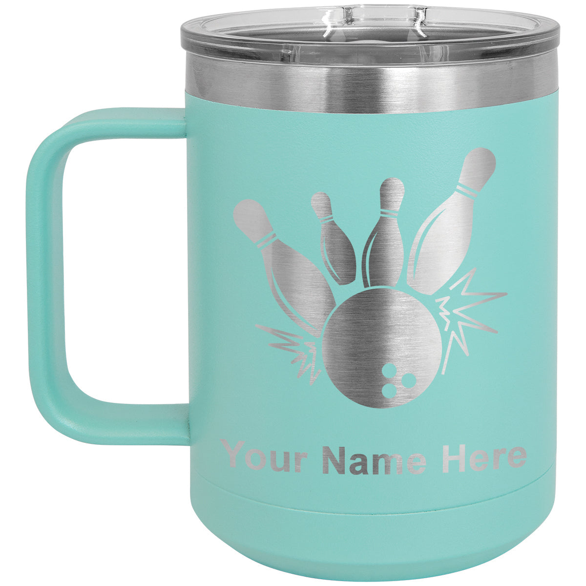 15oz Vacuum Insulated Coffee Mug, Bowling Ball and Pins, Personalized Engraving Included