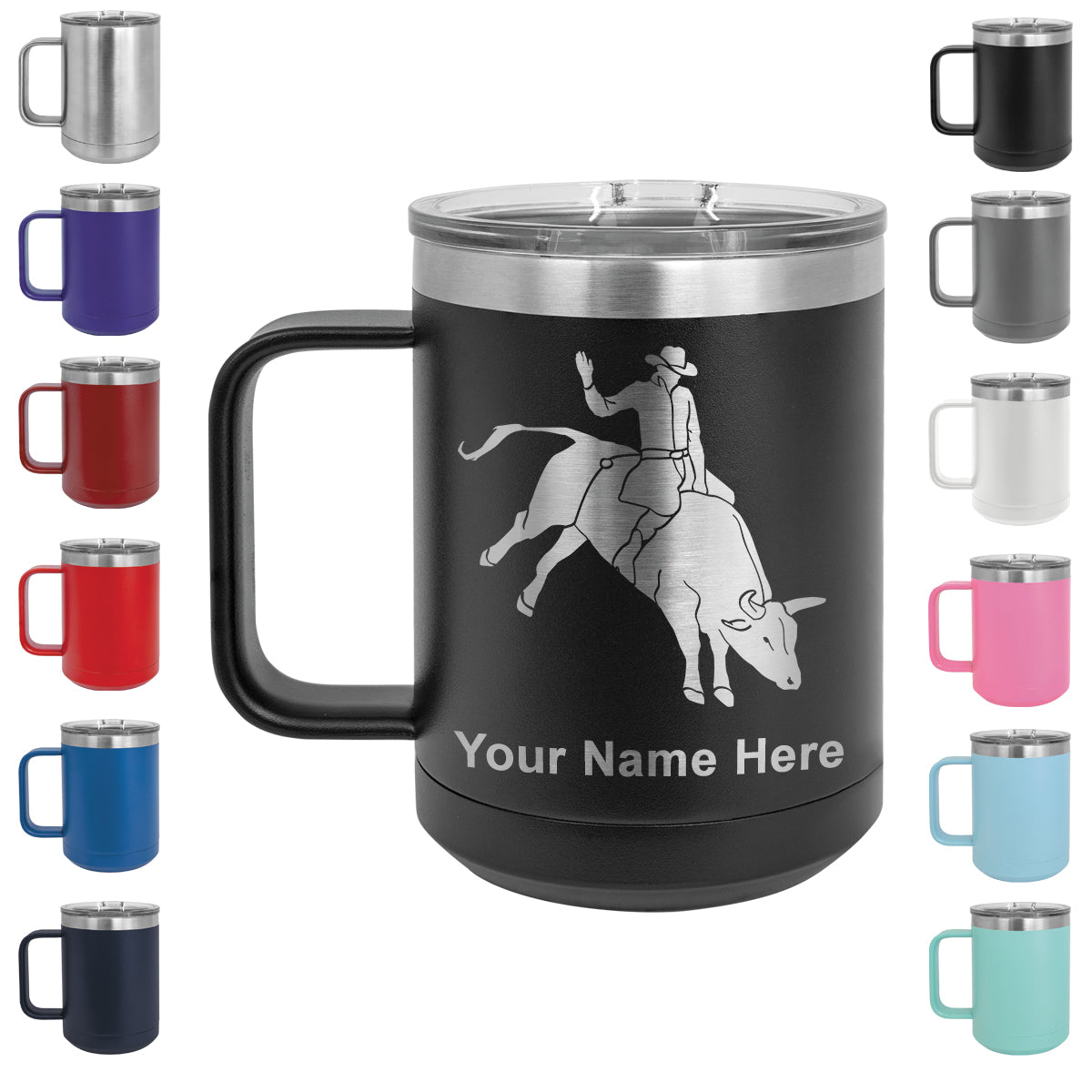 15oz Vacuum Insulated Coffee Mug, Bull Rider Cowboy, Personalized Engraving Included