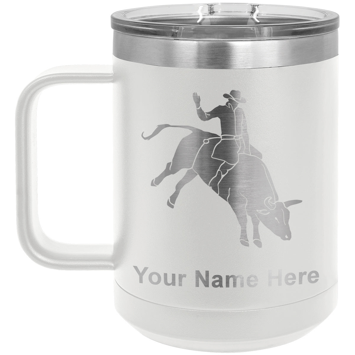 15oz Vacuum Insulated Coffee Mug, Bull Rider Cowboy, Personalized Engraving Included
