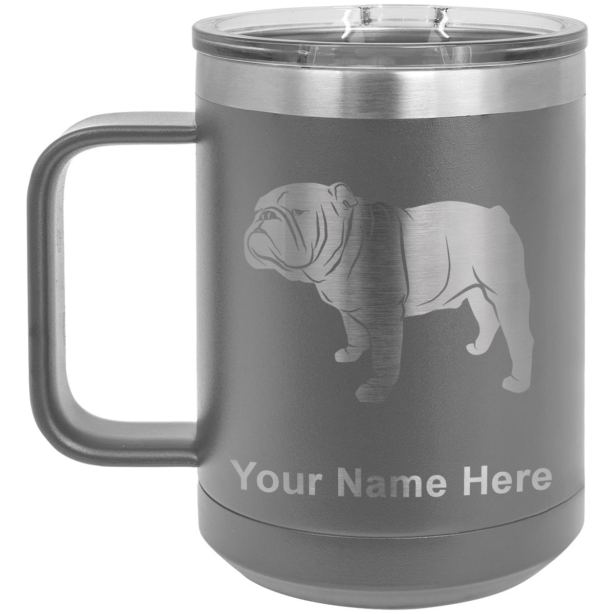 15oz Vacuum Insulated Coffee Mug, Bulldog Dog, Personalized Engraving Included