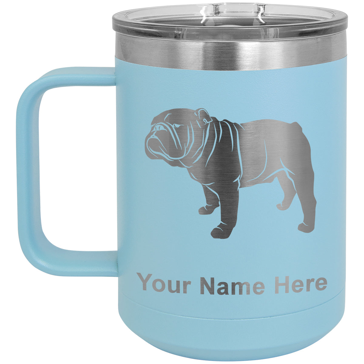 15oz Vacuum Insulated Coffee Mug, Bulldog Dog, Personalized Engraving Included