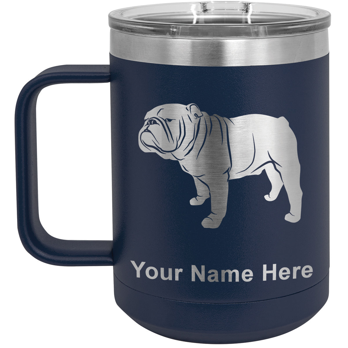 15oz Vacuum Insulated Coffee Mug, Bulldog Dog, Personalized Engraving Included