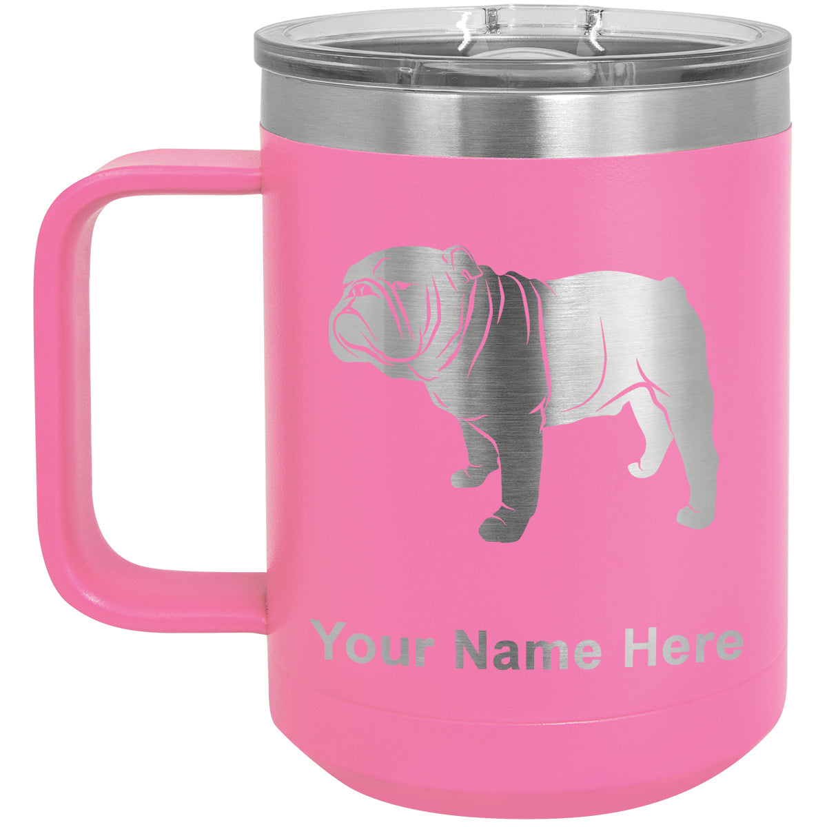 15oz Vacuum Insulated Coffee Mug, Bulldog Dog, Personalized Engraving Included