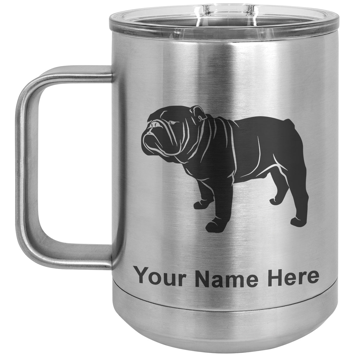 15oz Vacuum Insulated Coffee Mug, Bulldog Dog, Personalized Engraving Included