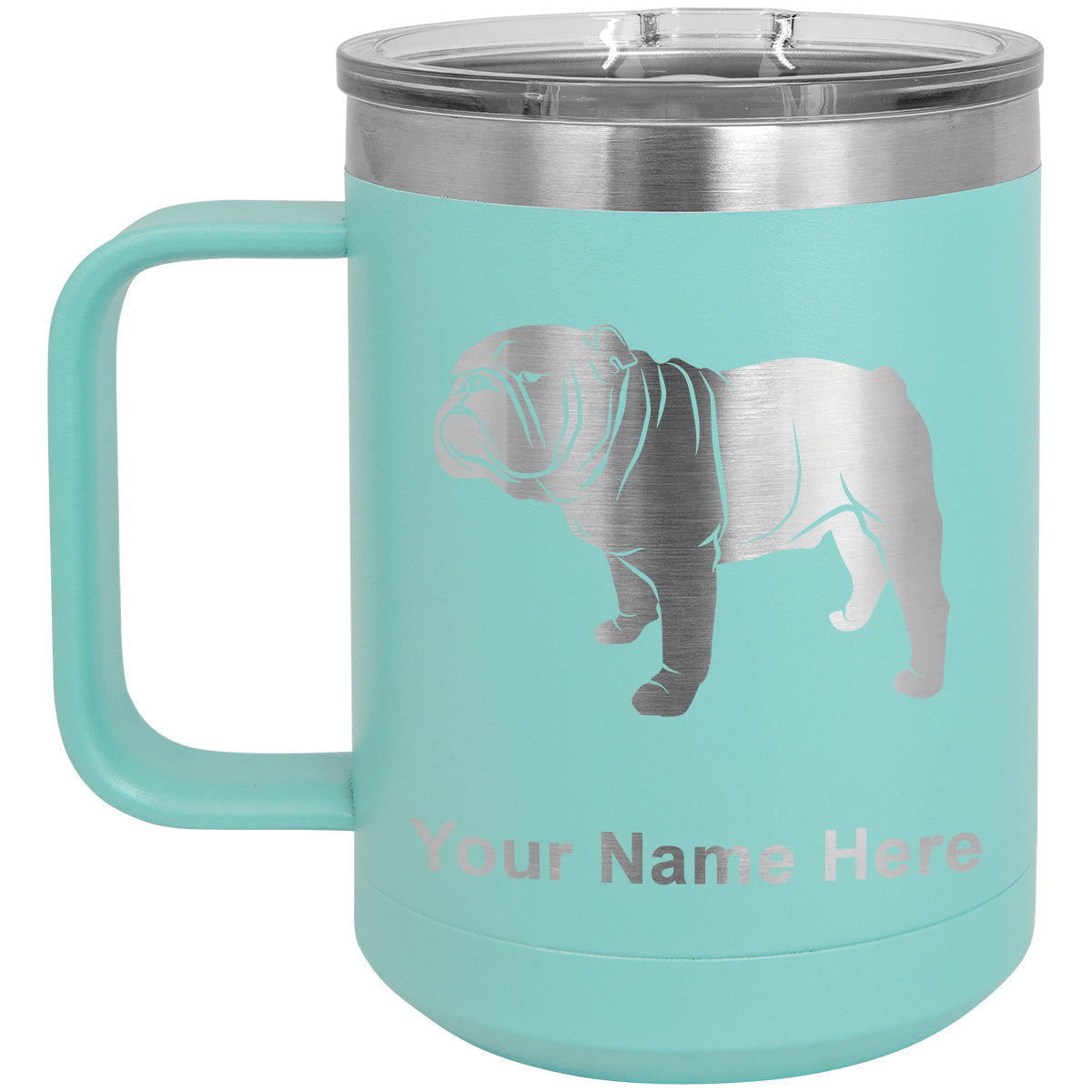 15oz Vacuum Insulated Coffee Mug, Bulldog Dog, Personalized Engraving Included