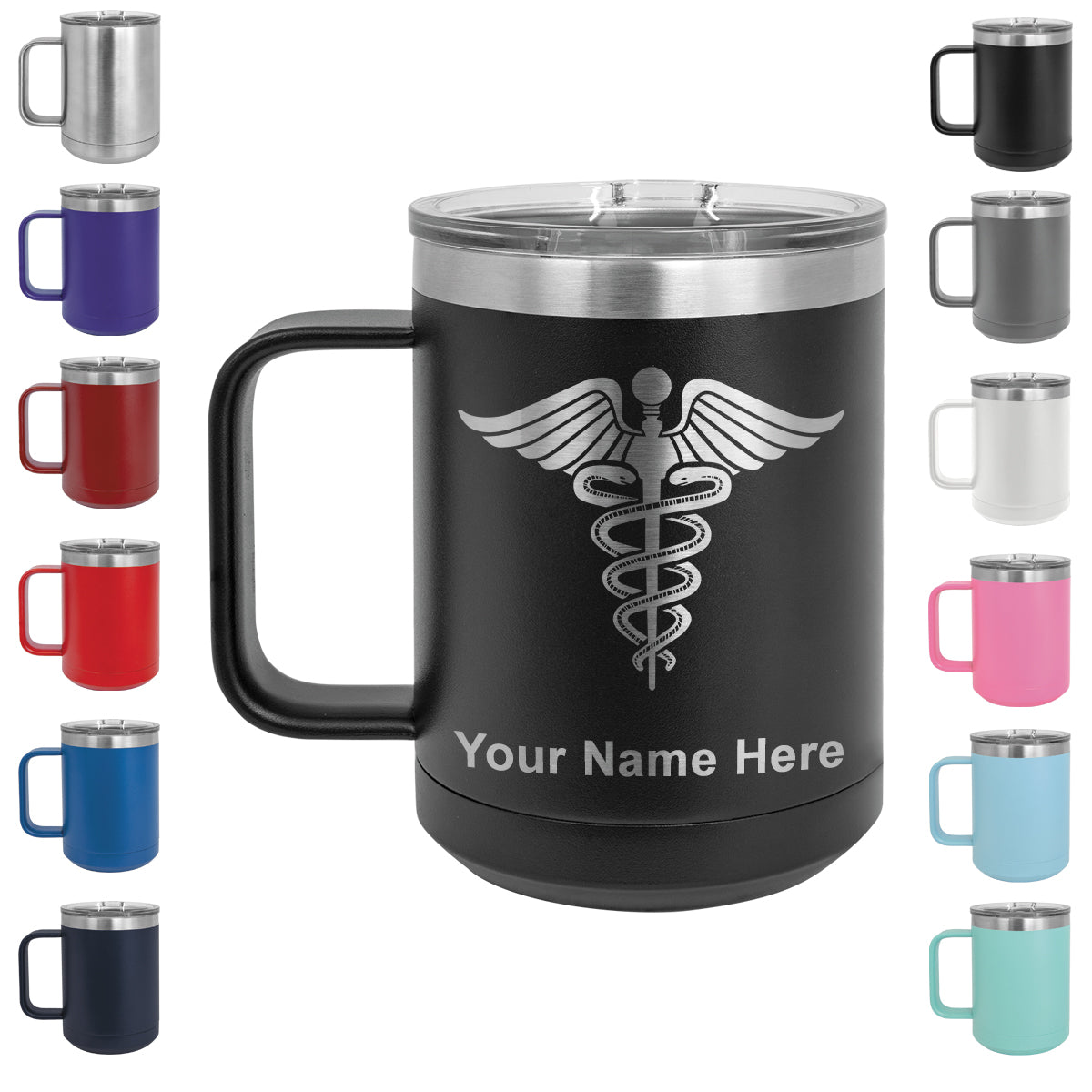 15oz Vacuum Insulated Coffee Mug, Caduceus Medical Symbol, Personalized Engraving Included