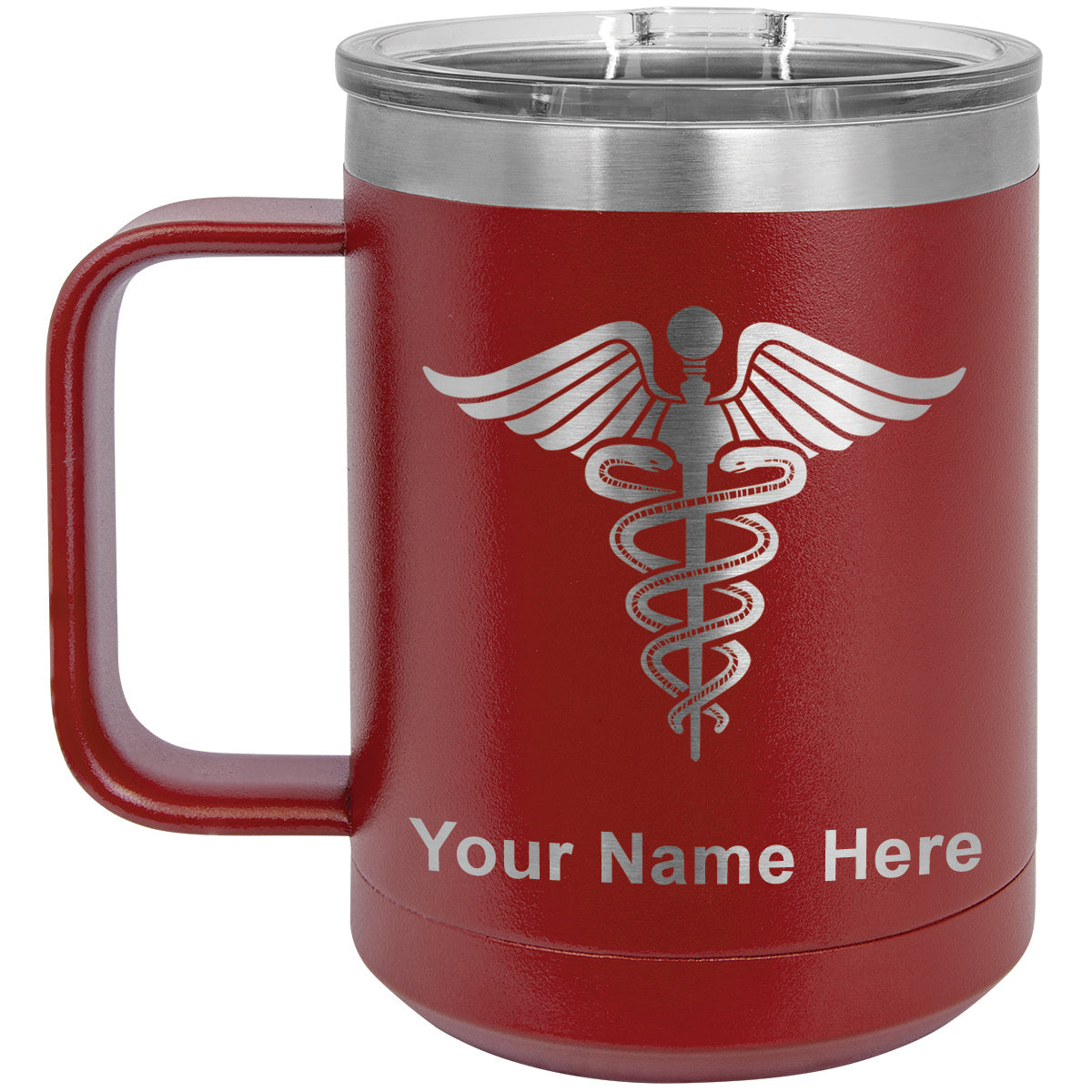 15oz Vacuum Insulated Coffee Mug, Caduceus Medical Symbol, Personalized Engraving Included