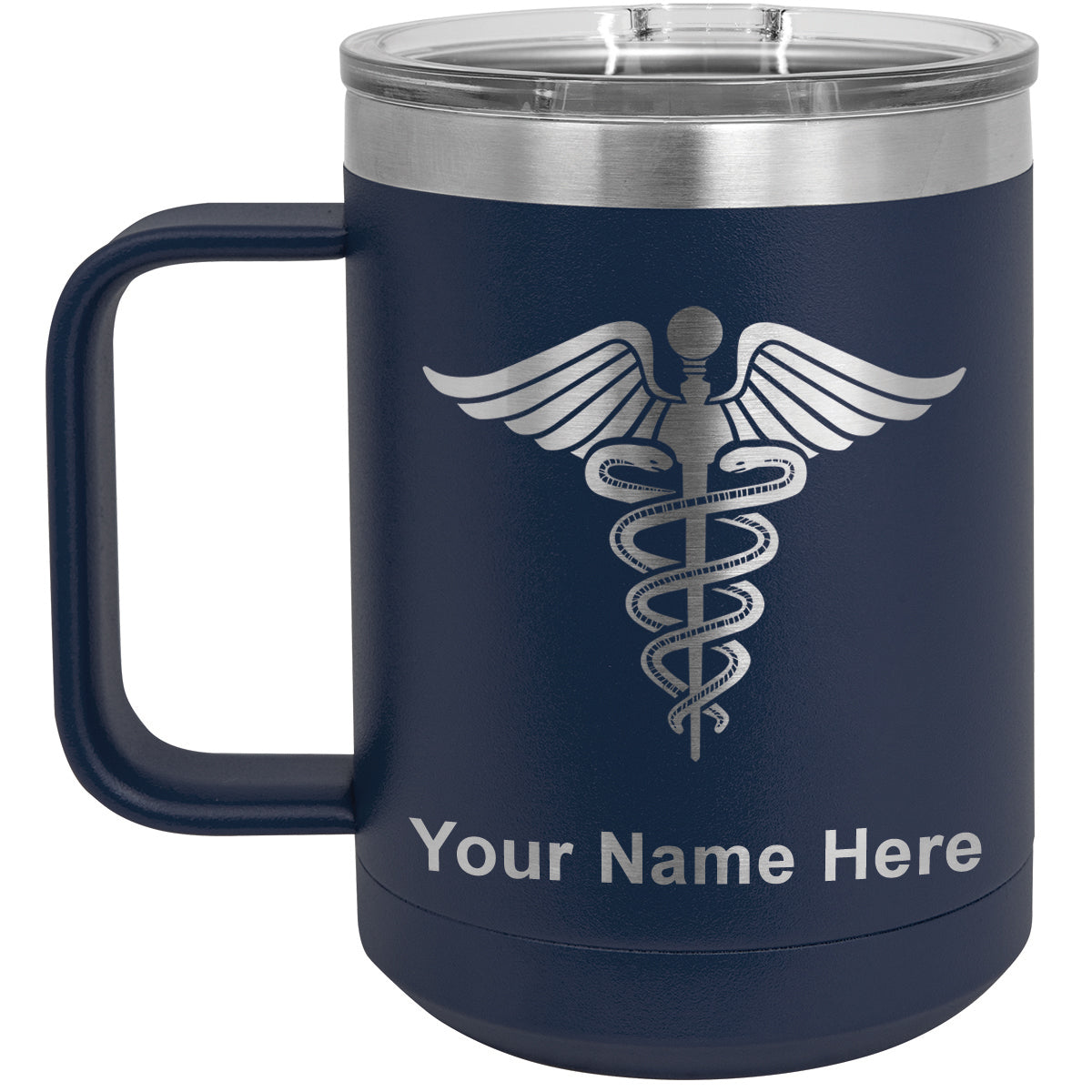 15oz Vacuum Insulated Coffee Mug, Caduceus Medical Symbol, Personalized Engraving Included
