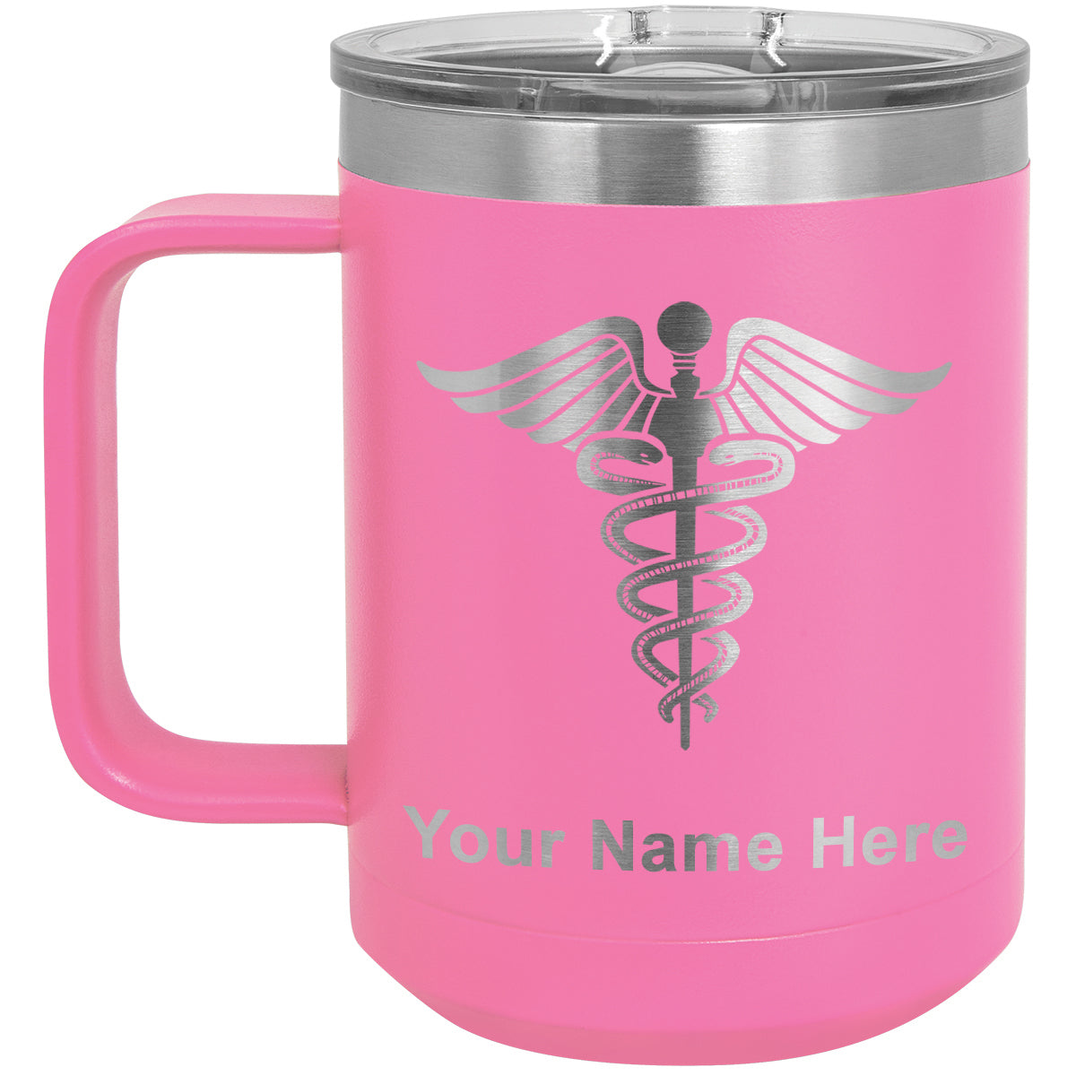 15oz Vacuum Insulated Coffee Mug, Caduceus Medical Symbol, Personalized Engraving Included