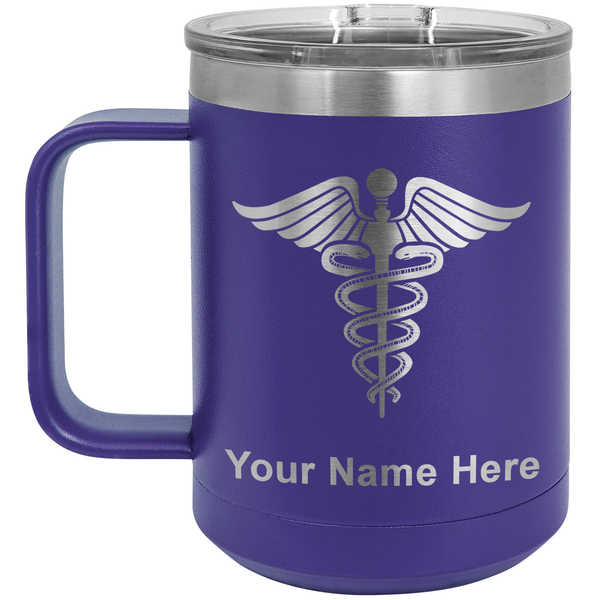 15oz Vacuum Insulated Coffee Mug, Caduceus Medical Symbol, Personalized Engraving Included