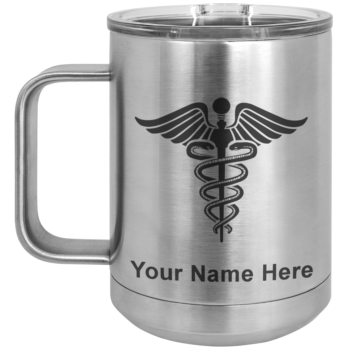 15oz Vacuum Insulated Coffee Mug, Caduceus Medical Symbol, Personalized Engraving Included