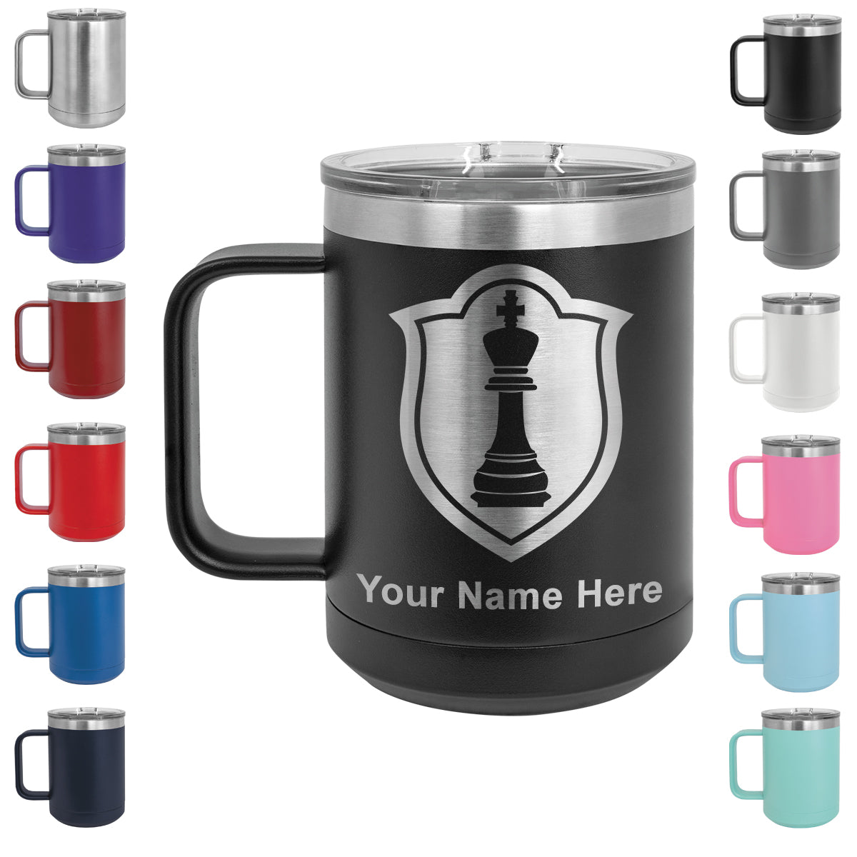 15oz Vacuum Insulated Coffee Mug, Chess King, Personalized Engraving Included
