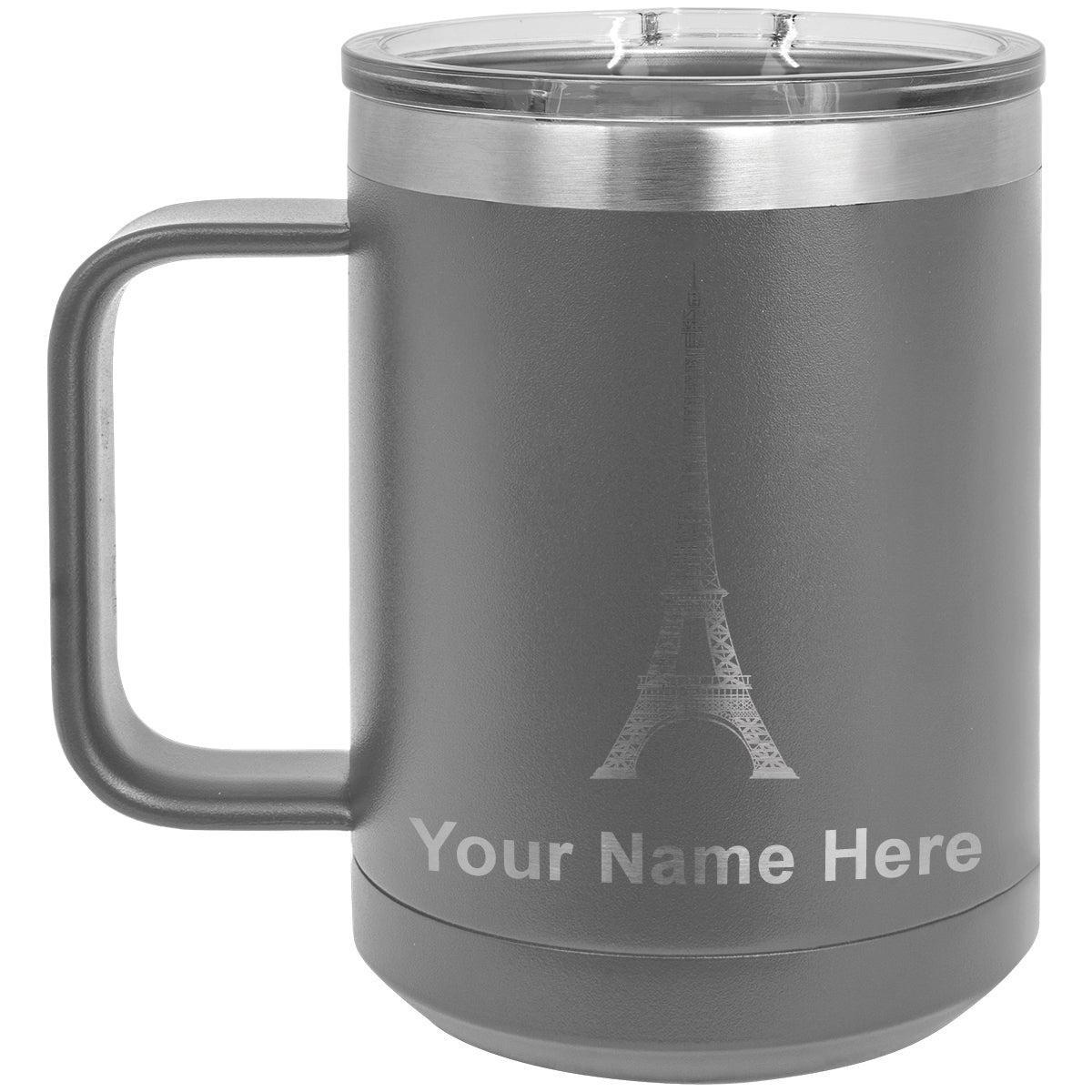 15oz Vacuum Insulated Coffee Mug, Eiffel Tower, Personalized Engraving Included