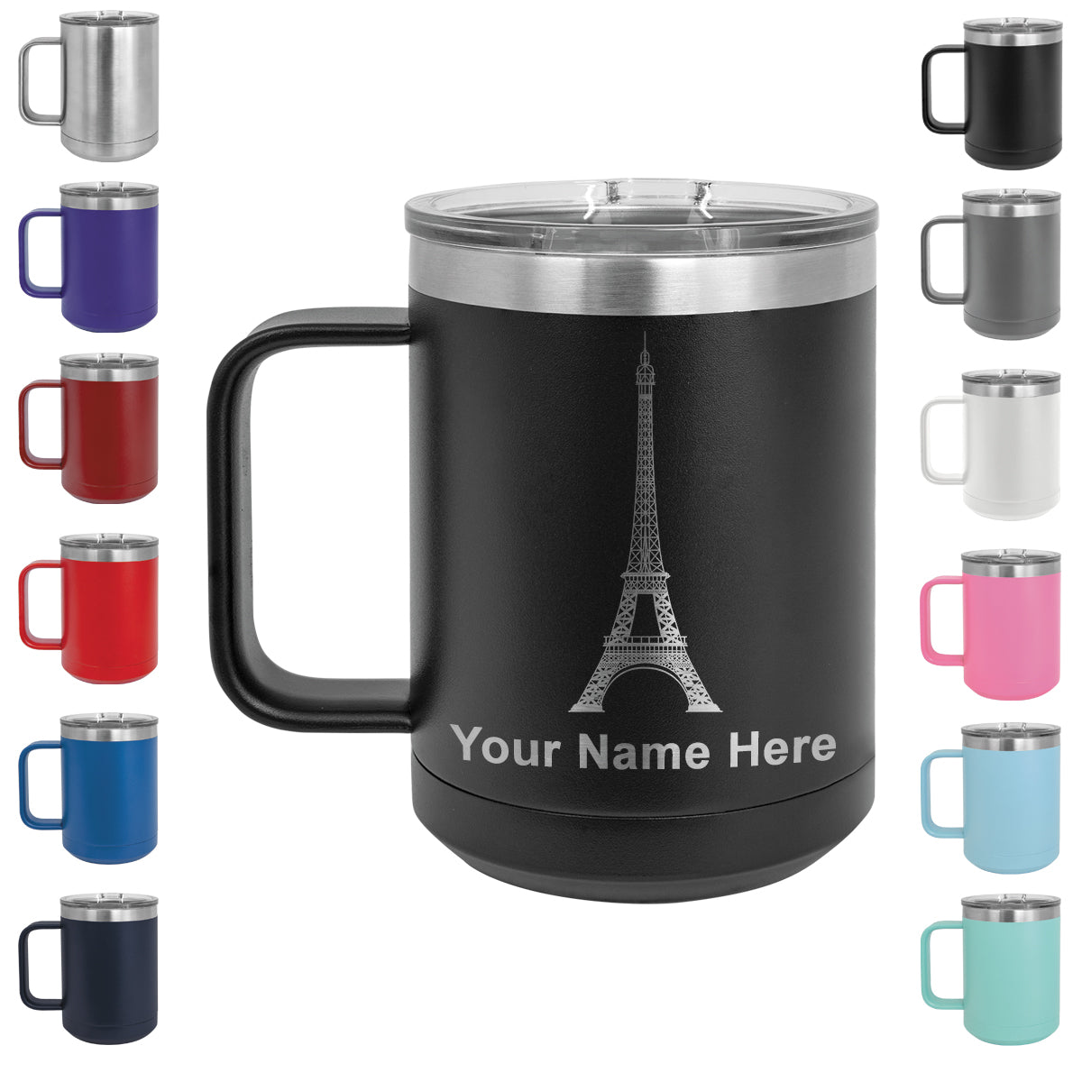 15oz Vacuum Insulated Coffee Mug, Eiffel Tower, Personalized Engraving Included