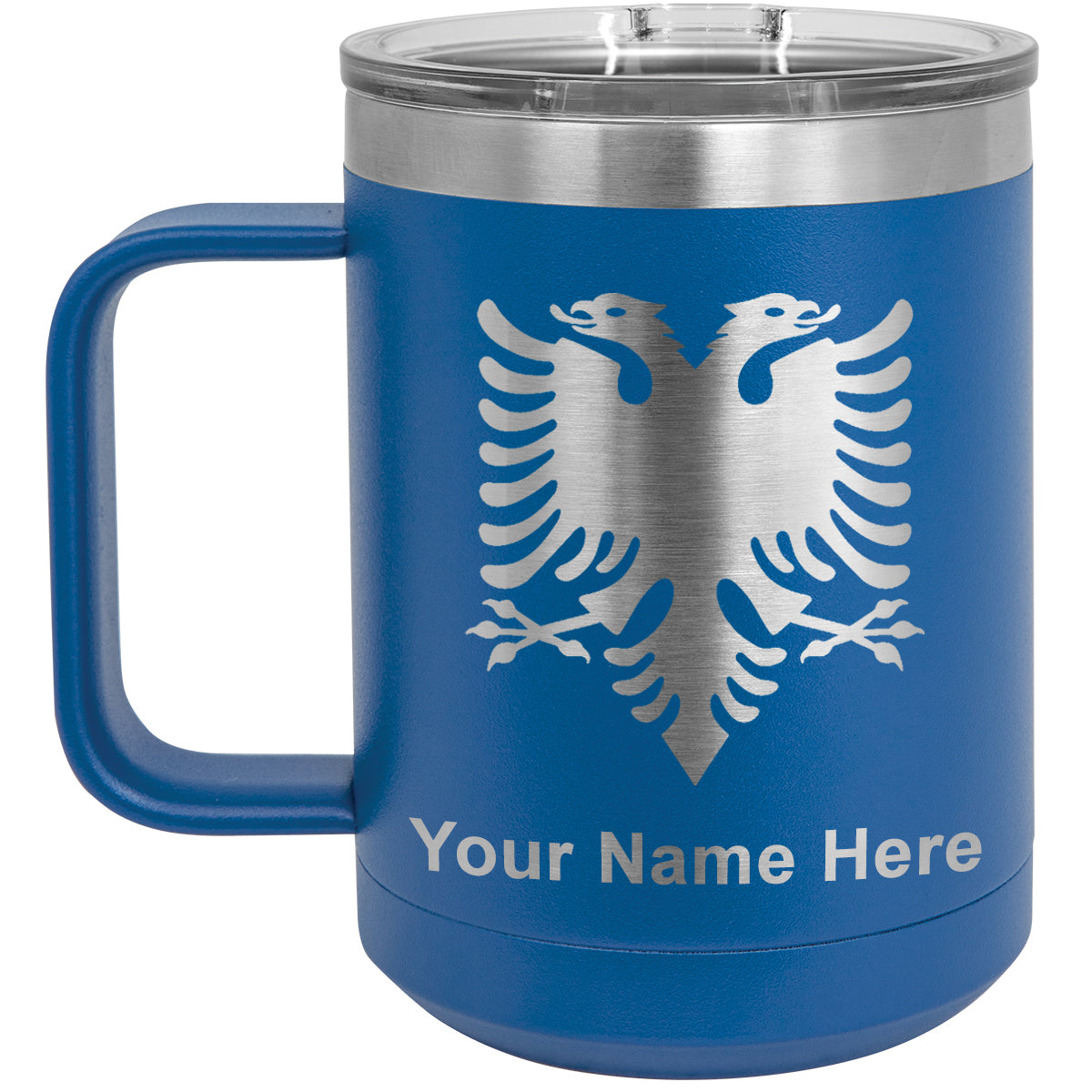 15oz Vacuum Insulated Coffee Mug, Flag of Albania, Personalized Engraving Included