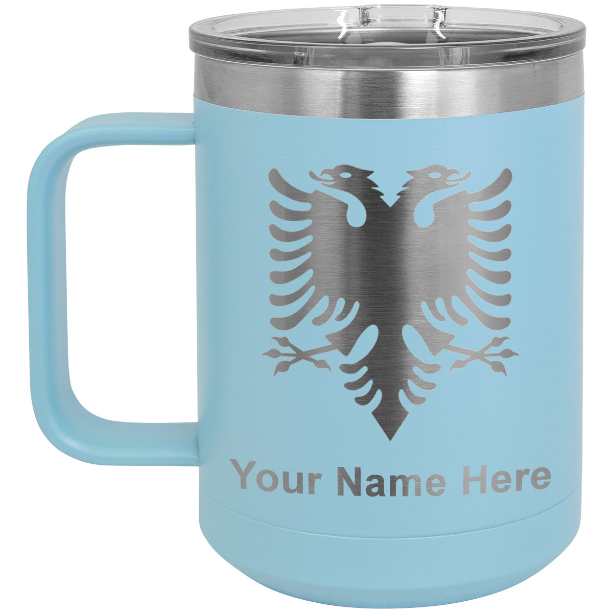 15oz Vacuum Insulated Coffee Mug, Flag of Albania, Personalized Engraving Included