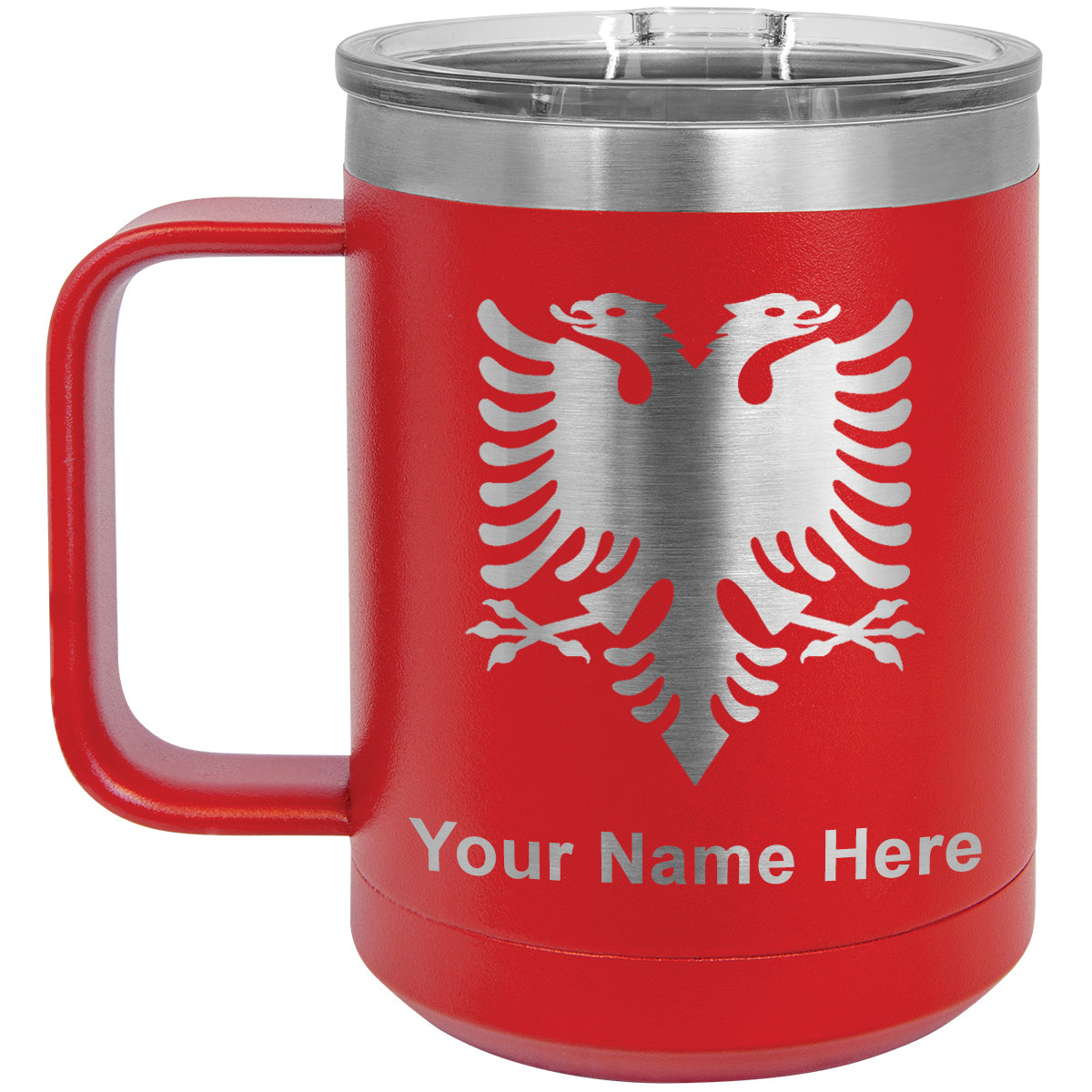 15oz Vacuum Insulated Coffee Mug, Flag of Albania, Personalized Engraving Included