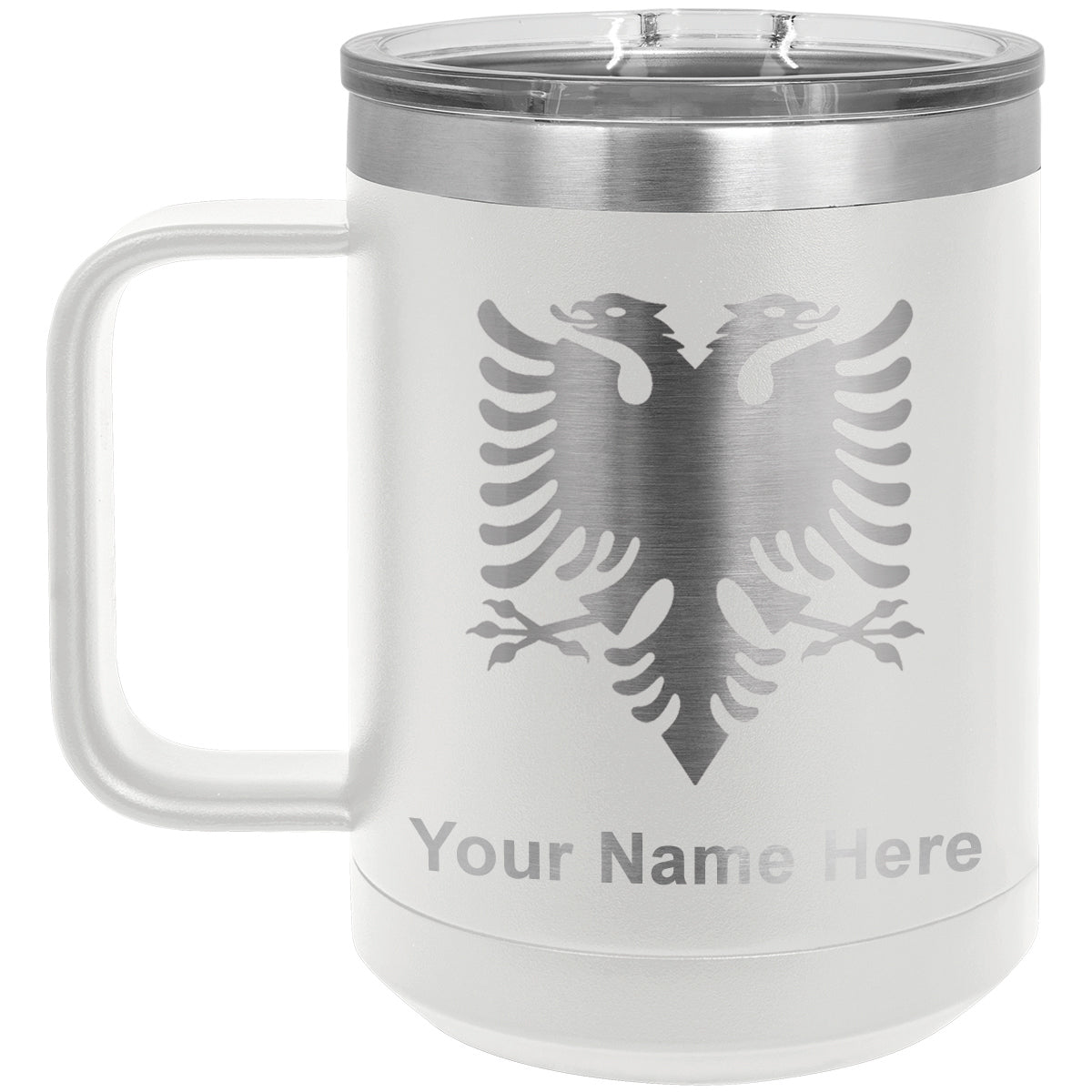 15oz Vacuum Insulated Coffee Mug, Flag of Albania, Personalized Engraving Included