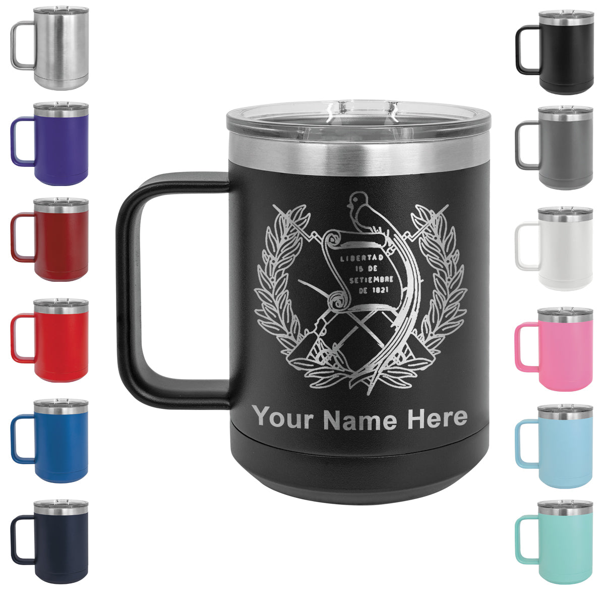 15oz Vacuum Insulated Coffee Mug, Flag of Guatemala, Personalized Engraving Included