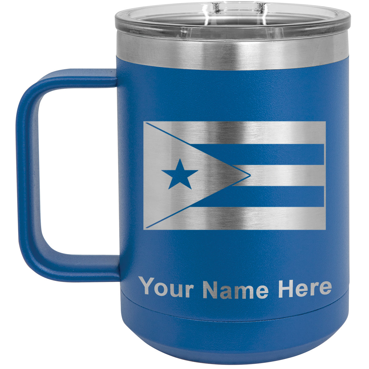 15oz Vacuum Insulated Coffee Mug, Flag of Puerto Rico, Personalized Engraving Included