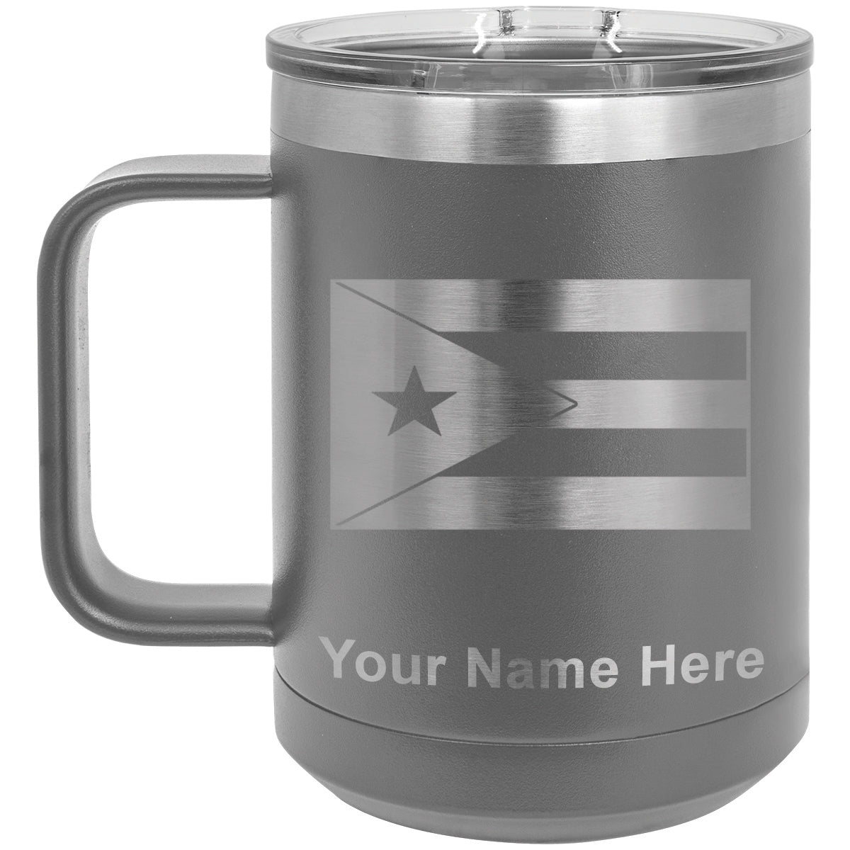 15oz Vacuum Insulated Coffee Mug, Flag of Puerto Rico, Personalized Engraving Included