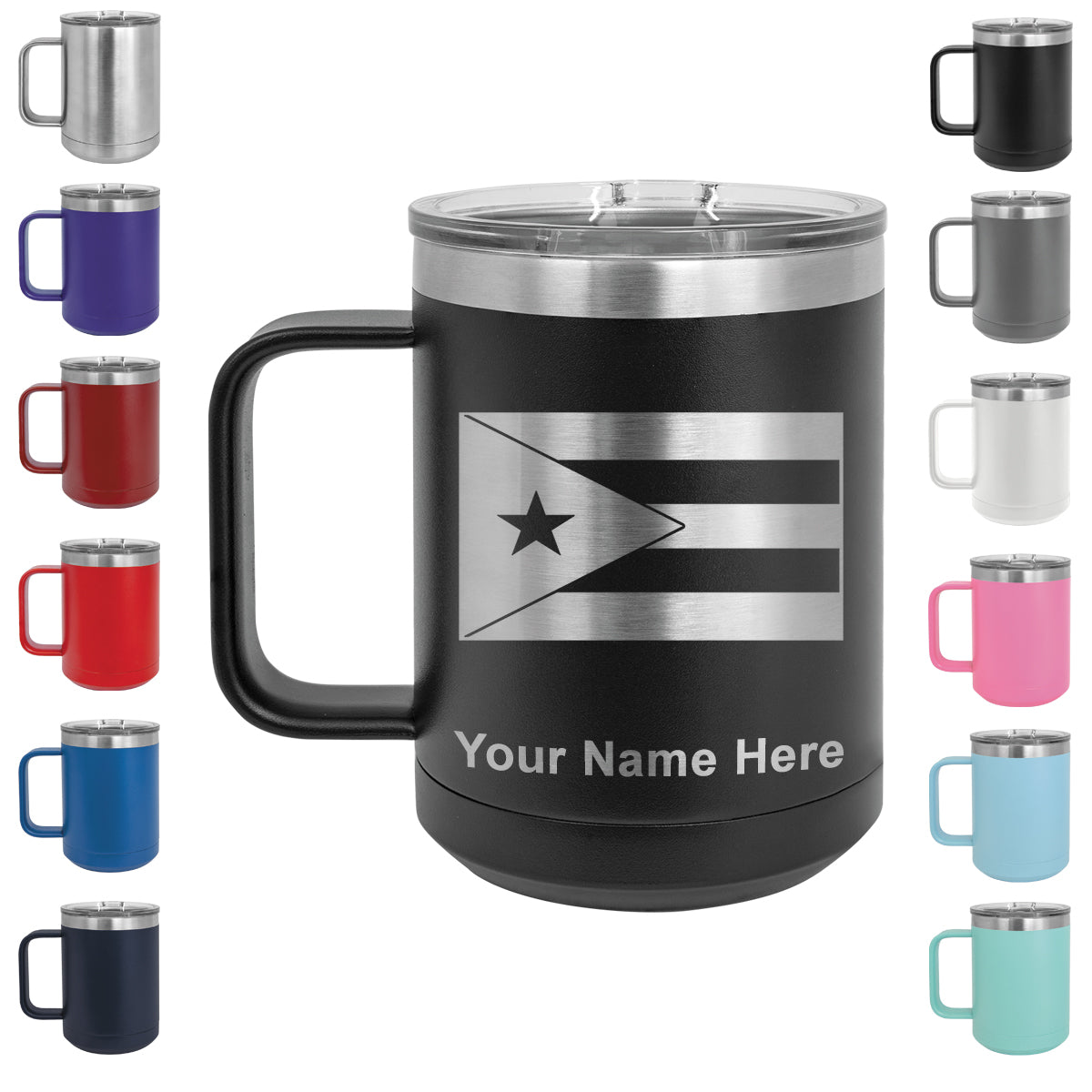 15oz Vacuum Insulated Coffee Mug, Flag of Puerto Rico, Personalized Engraving Included