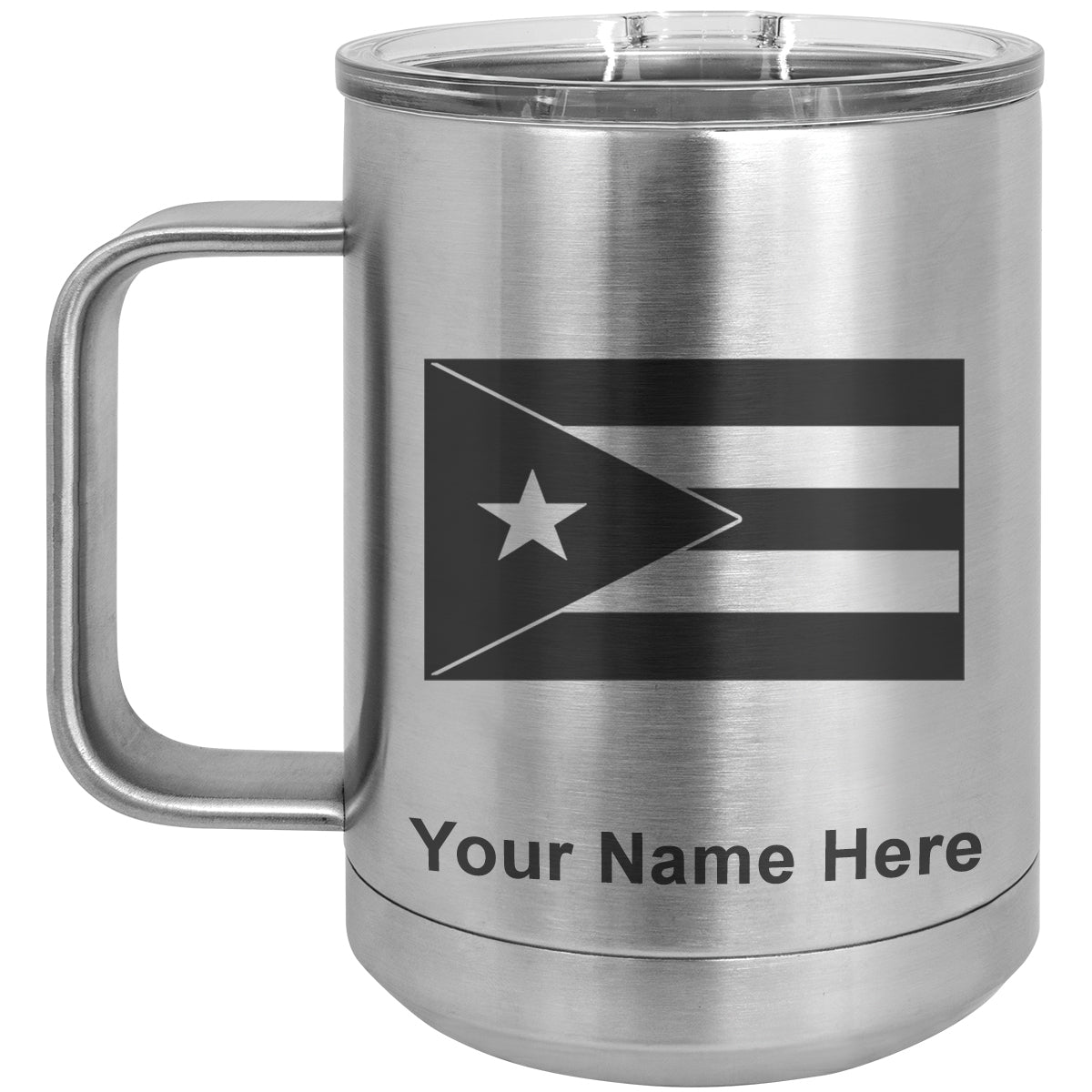 15oz Vacuum Insulated Coffee Mug, Flag of Puerto Rico, Personalized Engraving Included