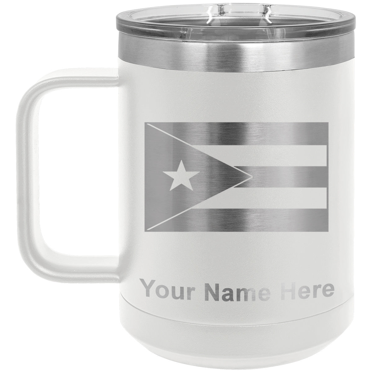 15oz Vacuum Insulated Coffee Mug, Flag of Puerto Rico, Personalized Engraving Included