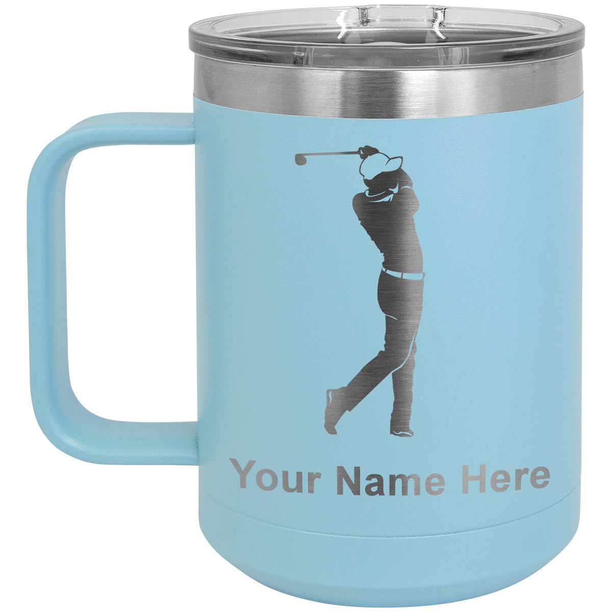 15oz Vacuum Insulated Coffee Mug, Golfer Golfing, Personalized Engraving Included